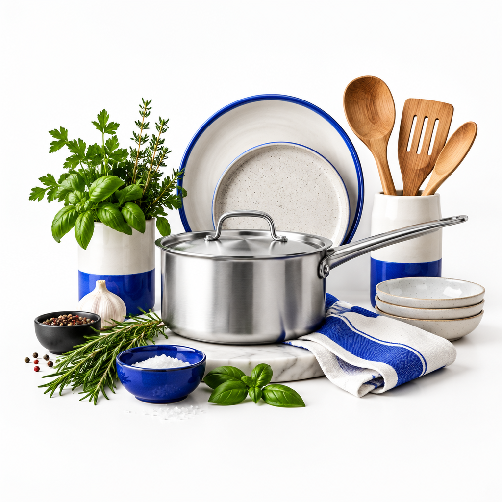 Ollas, utensilios y accesorios de cocina sobre fondo blanco