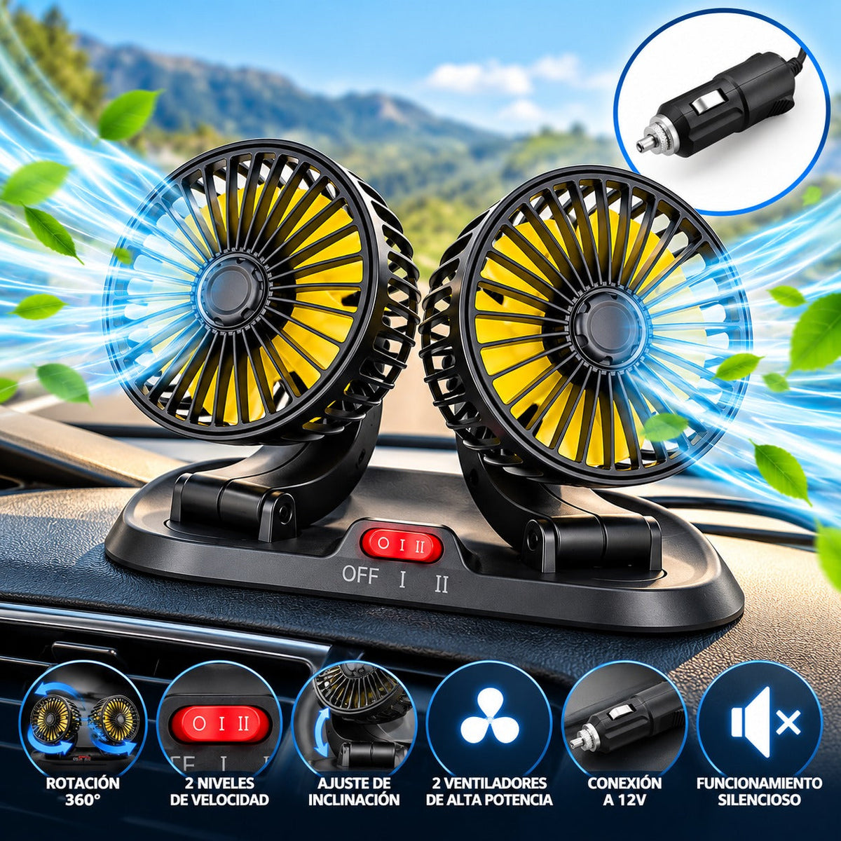 Ventilador Doble Carro USB Cabezal Giratorio 3 Velocidades Aroma
