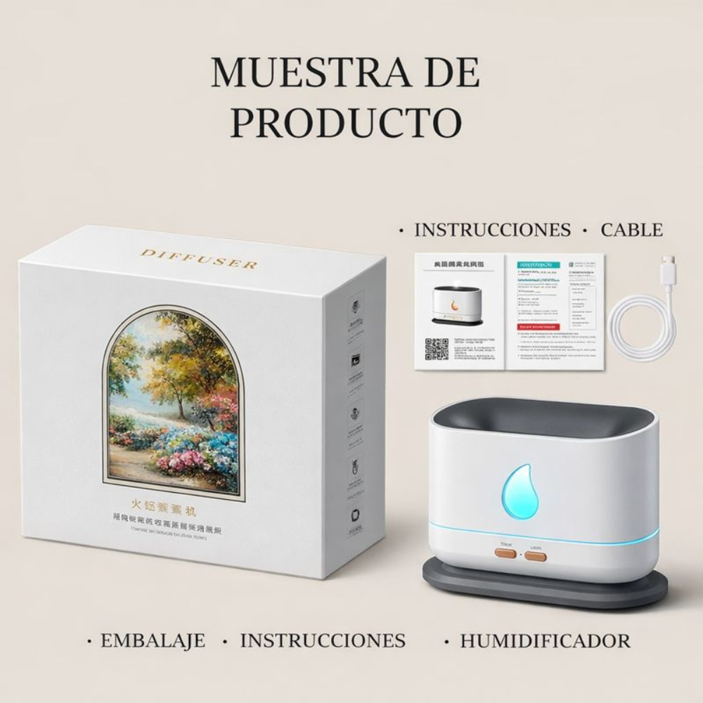 Humidificador Difusor Aromas Efecto Llama A10 Aceites Esenciales LED