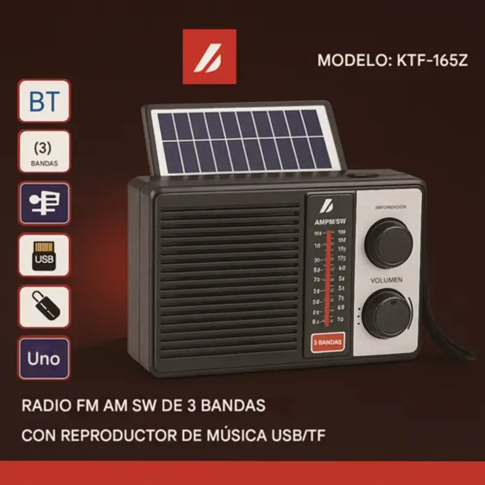 Radio Portátil Solar Recargable AM FM SW 3 Bandas USB SD Emergencias