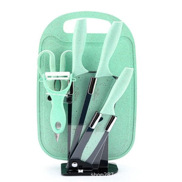 Set Cuchillos Cocina Soporte Acrílico Tabla Tijera Pelador Verde Menta