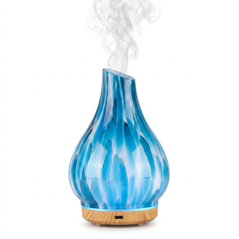 Humidificador Difusor Aromas Vidrio Jarrón Base Madera USB Tipo C