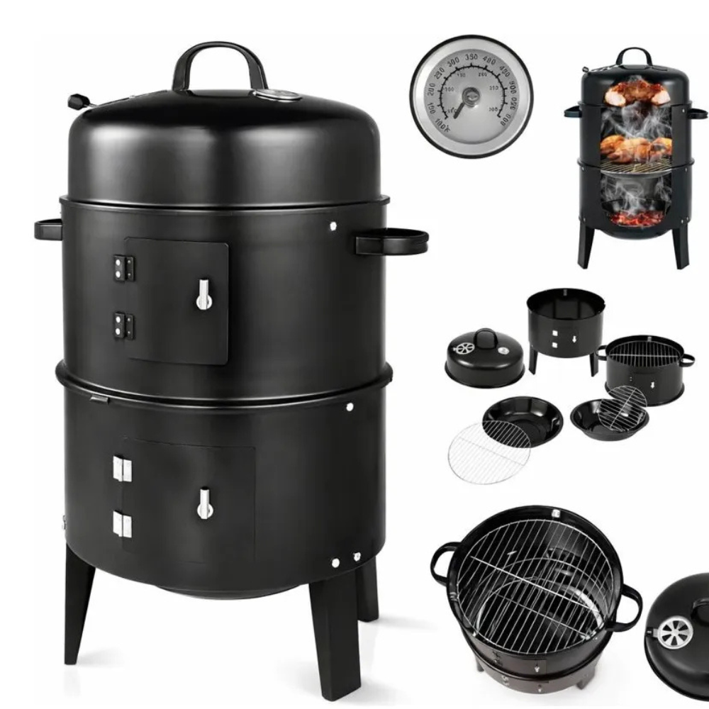 Asador Ahumador Barril Parrilla Horno 3x1 Carbón 80cm Termómetro