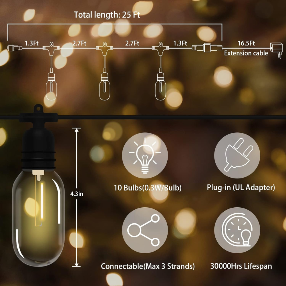 Extensión Bombillos Vintage Solares 10 Faroles LED Exterior Jardín
