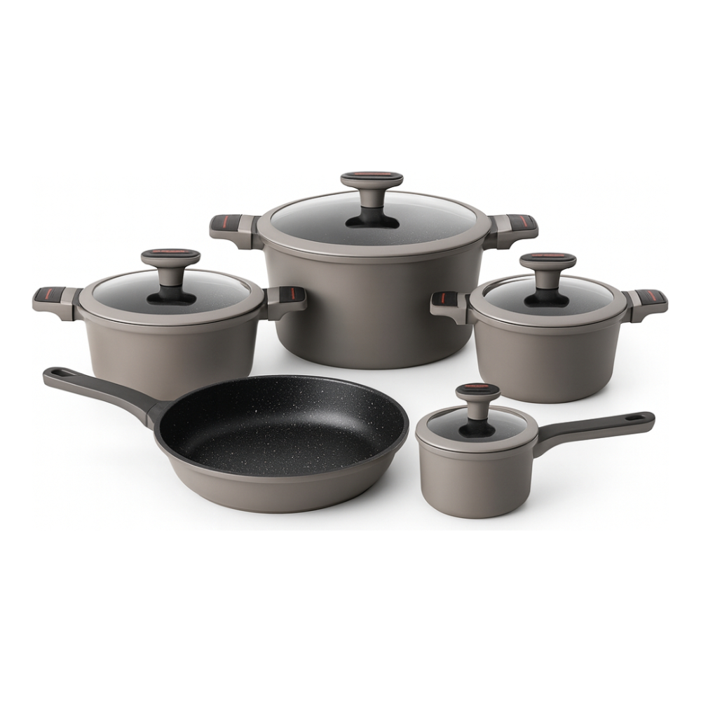 Batería Cocina Renahouse 9 Piezas Mármol Antiadherente Inducción Gris
