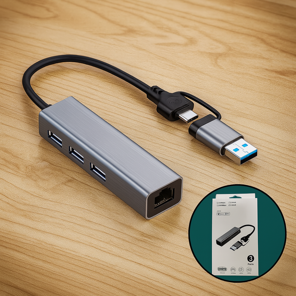 Adaptador Hub USB Tipo C 3 Puertos USB 3.0 Ethernet RJ45 Gigabit
