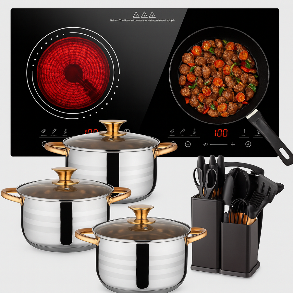 Estufa Inducción 2000W Renahouse Combo Batería Cocina Utensilios