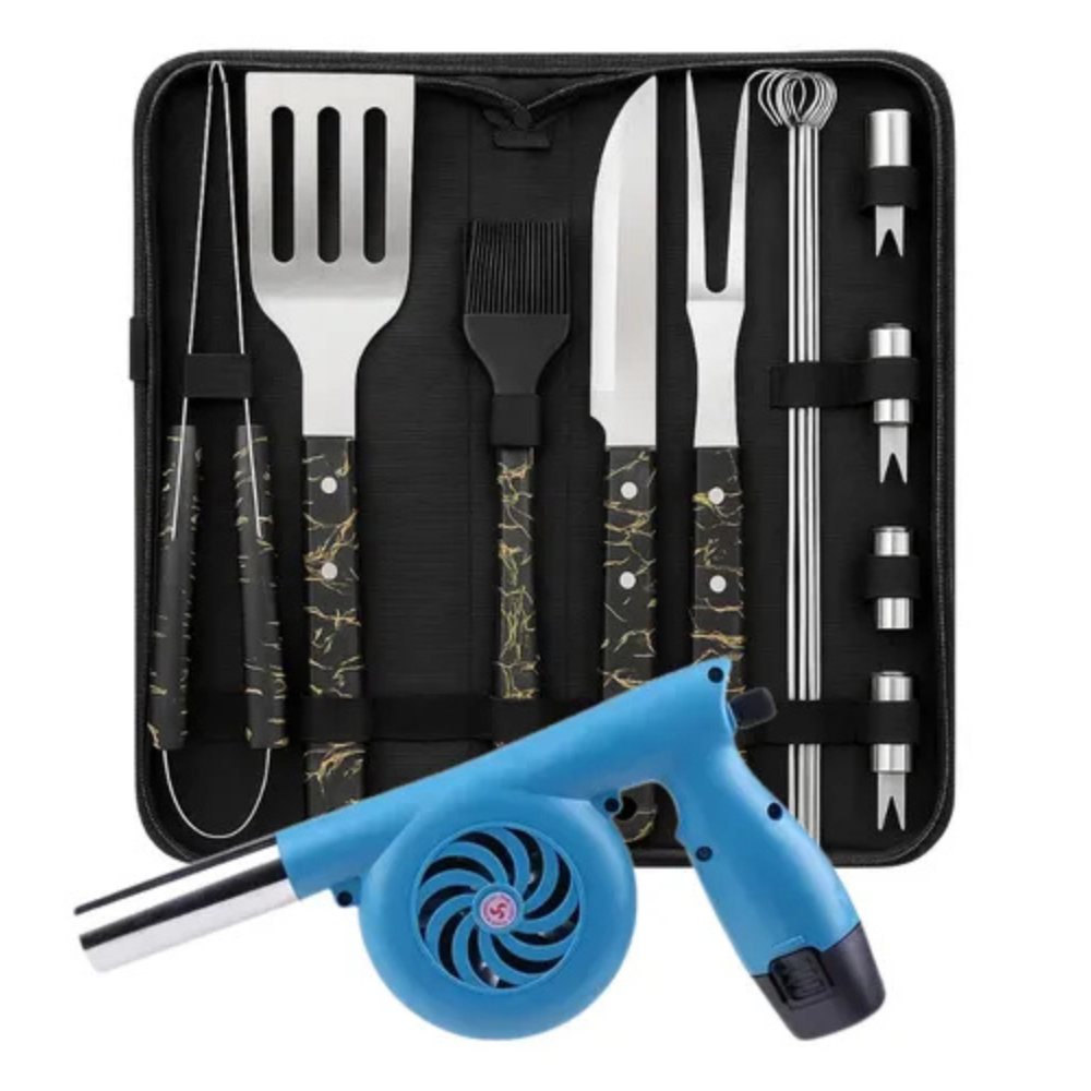 Kit Asados Parrilla BBQ 11 Piezas Acero Inoxidable Estuche Soplador