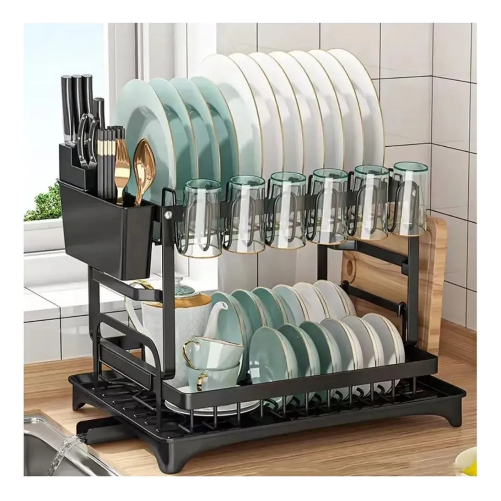 Escurridor Platos Acero Inoxidable 2 Niveles Drenaje 360 Negro Cocina