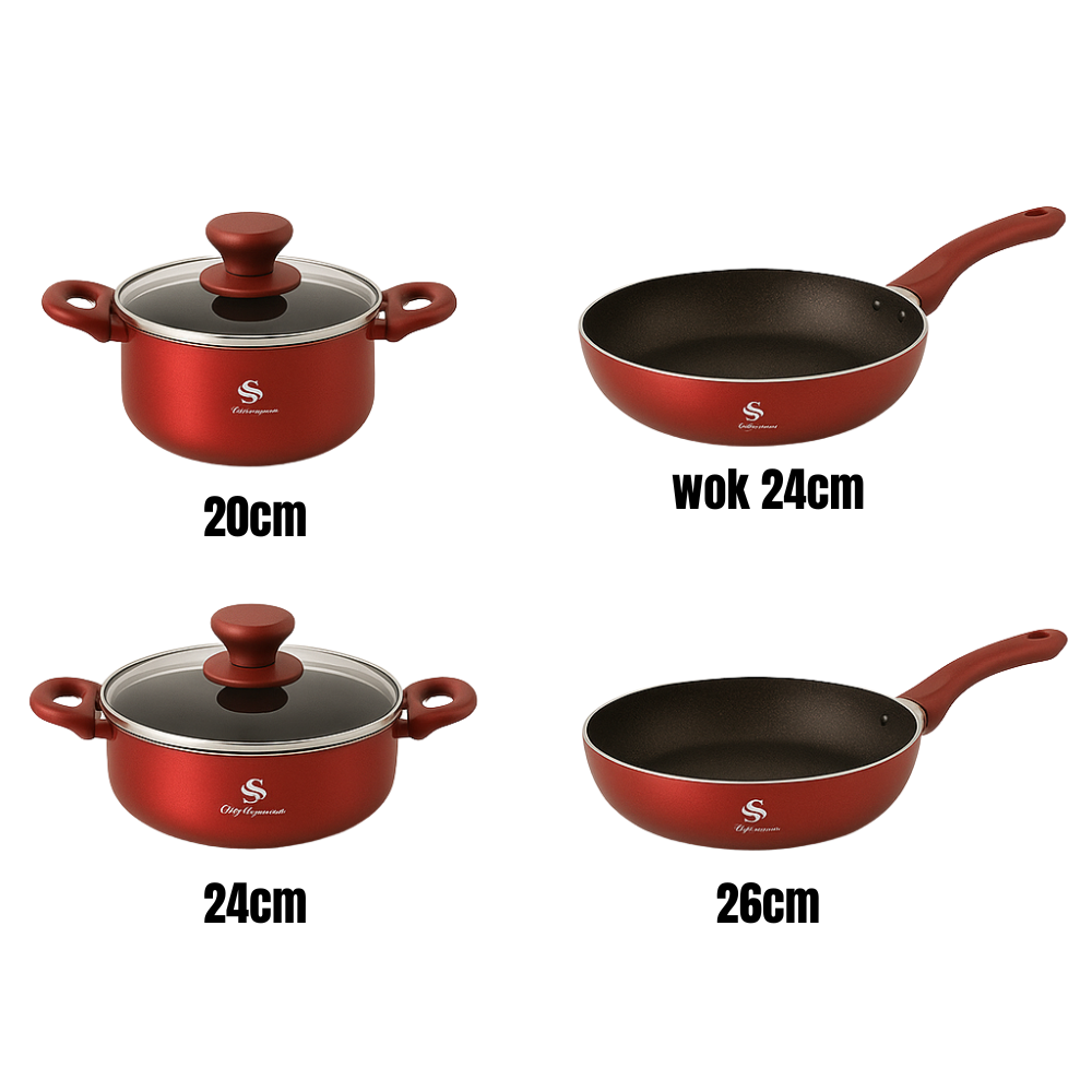 Batería Ollas Schaffhausen Red Velvet 9 Piezas Mármol Tapa Vidrio Wok