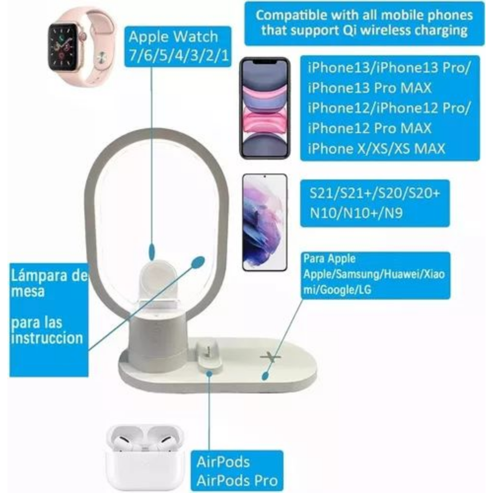 Base Carga Inalámbrica 4x1 Lámpara LED 15W iPhone Samsung Watch