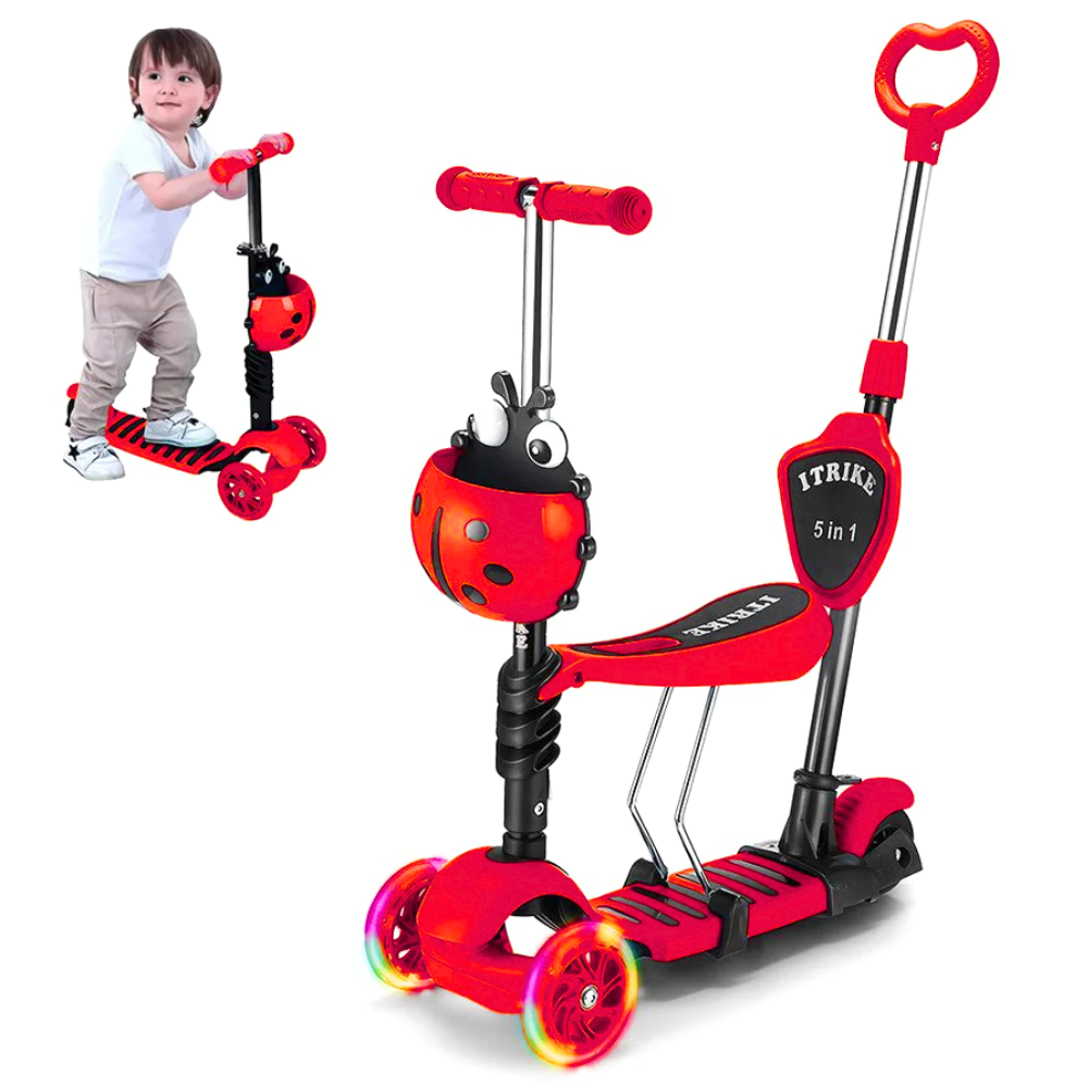 Scooter Niños 3x1 Mariquita Asiento Ajustable Luces LED Plegable