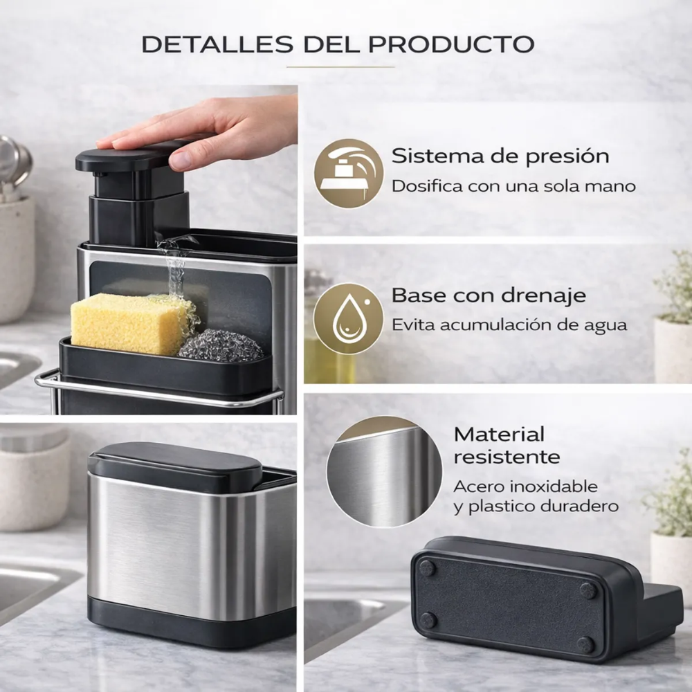 Dispensador Jabón Líquido Cocina Porta Esponja 2x1 Lavaplatos Negro