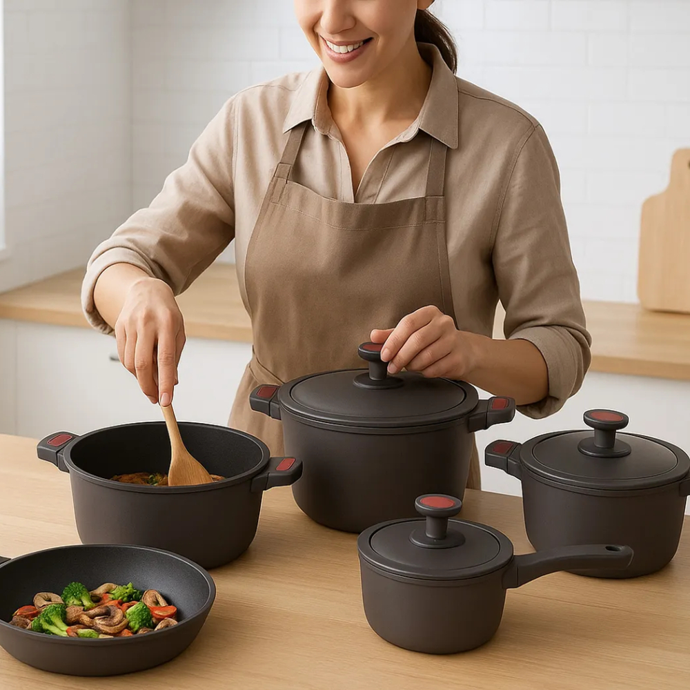 Batería Cocina Renahouse 9 Piezas Mármol Antiadherente Inducción Gris