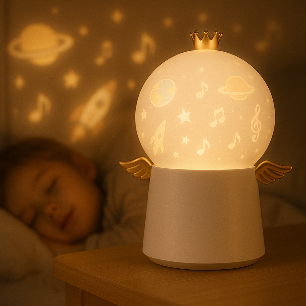 Lámpara Mesa Ángel LED Proyector Estrellas Parlante Bluetooth Noche