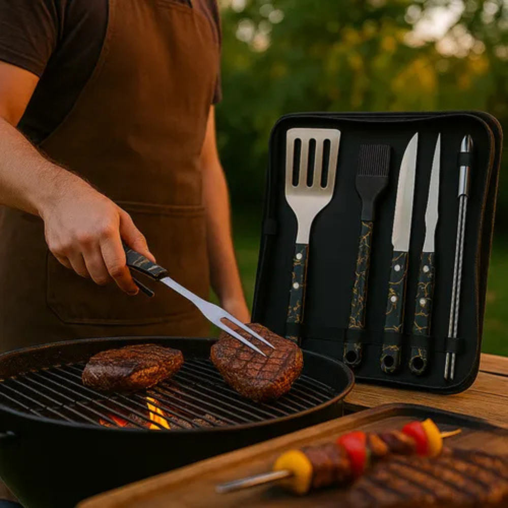 Kit Asados Parrilla BBQ 11 Piezas Acero Inoxidable Estuche Soplador