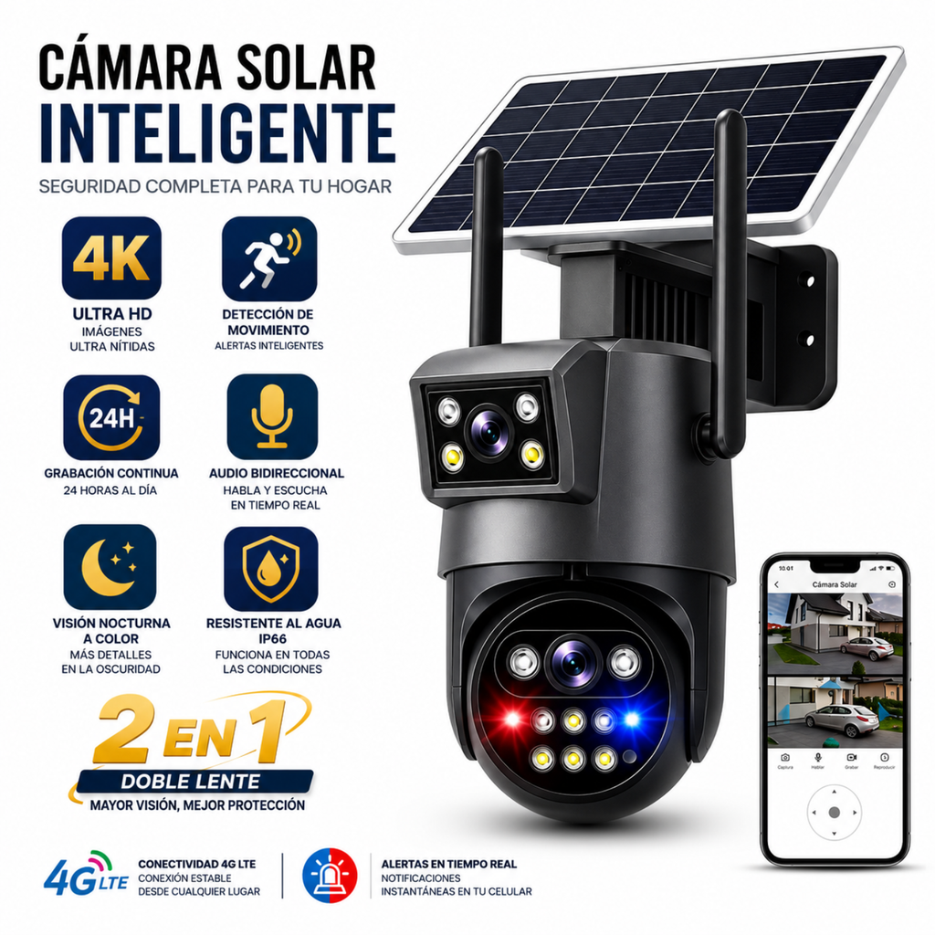Cámara Seguridad Solar 4G eSIM Doble Lente 360 4K IA Exterior Finca