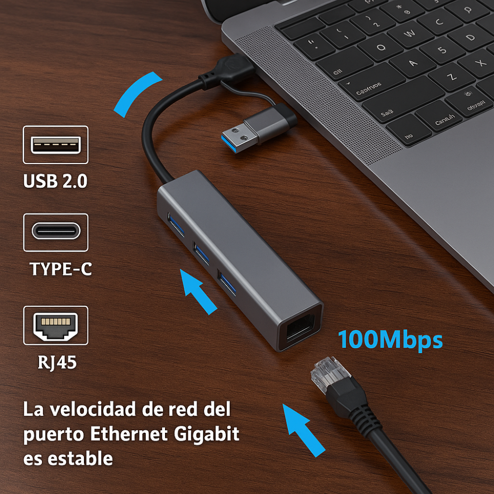 Adaptador Hub USB Tipo C 3 Puertos USB 3.0 Ethernet RJ45 Gigabit