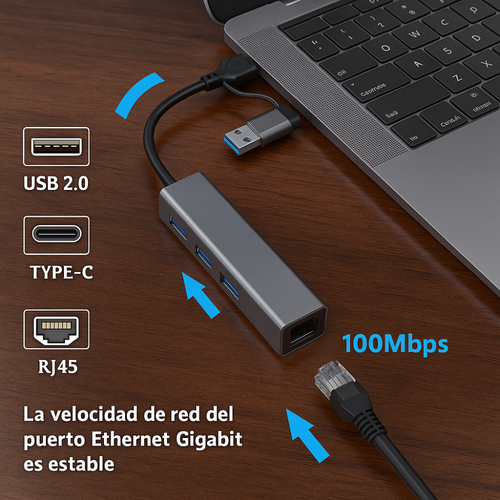 Adaptador Hub USB Tipo C 3 Puertos USB 3.0 Ethernet RJ45 Gigabit