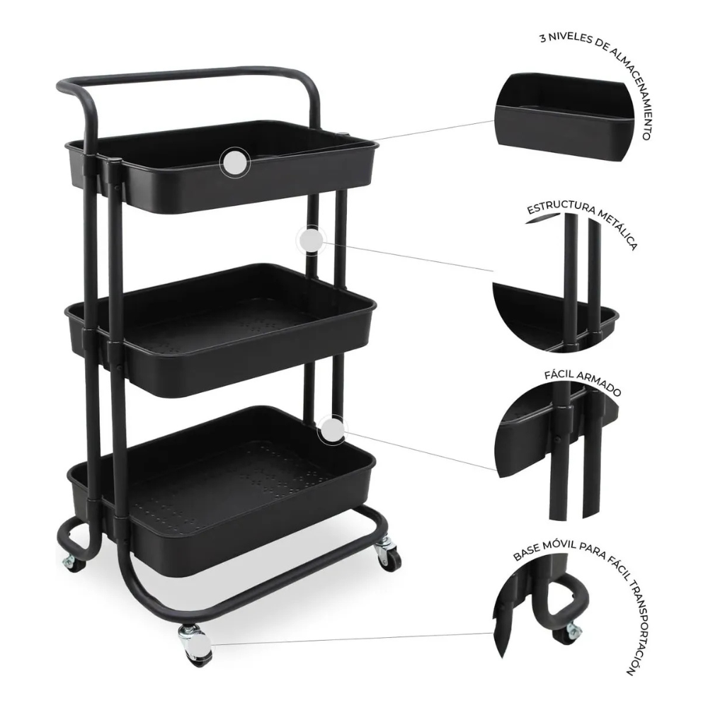 Carro Organizador Metálico 3 Niveles Ruedas Cocina Baño Almacenamiento