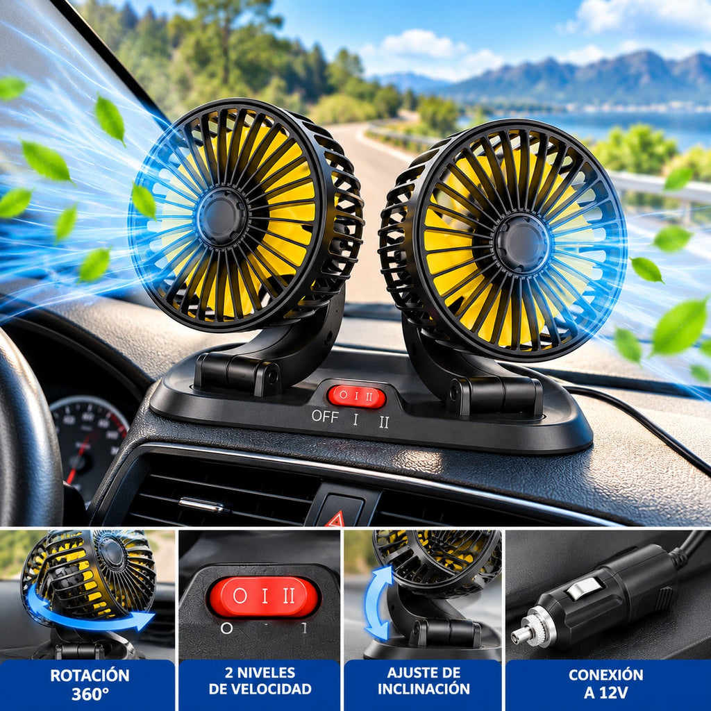 Ventilador Doble Carro USB Cabezal Giratorio 3 Velocidades Aroma