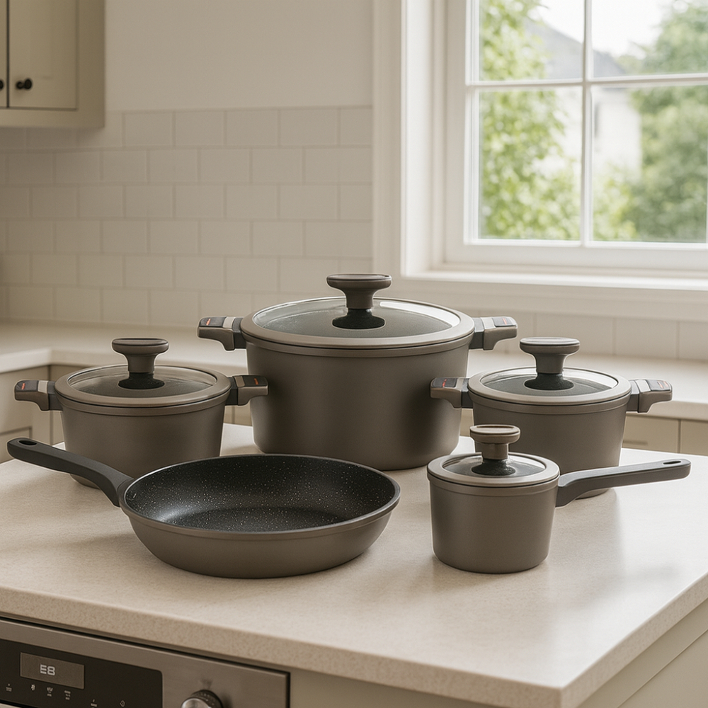 Batería Cocina Renahouse 9 Piezas Mármol Antiadherente Inducción Gris