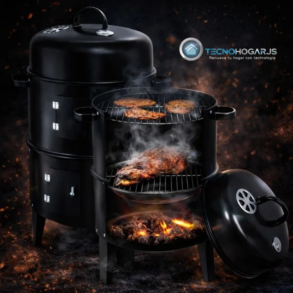Asador Ahumador Barril Parrilla Horno 3x1 Carbón 80cm Termómetro
