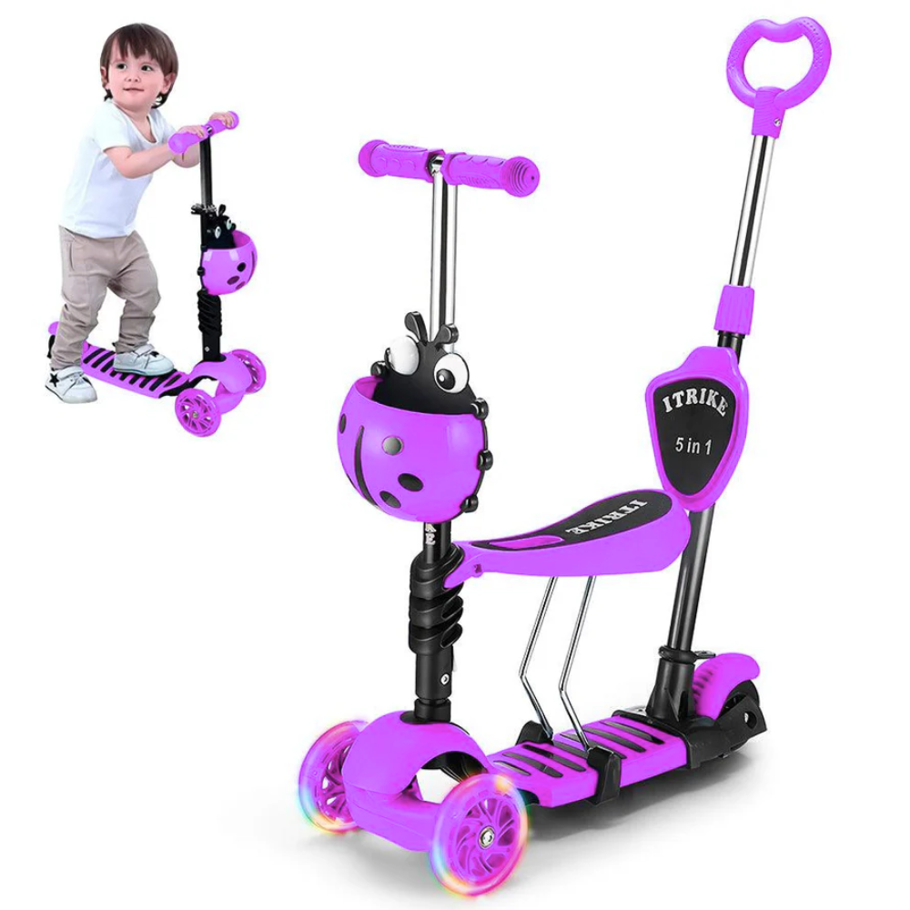 Scooter Niños 3x1 Mariquita Asiento Ajustable Luces LED Plegable