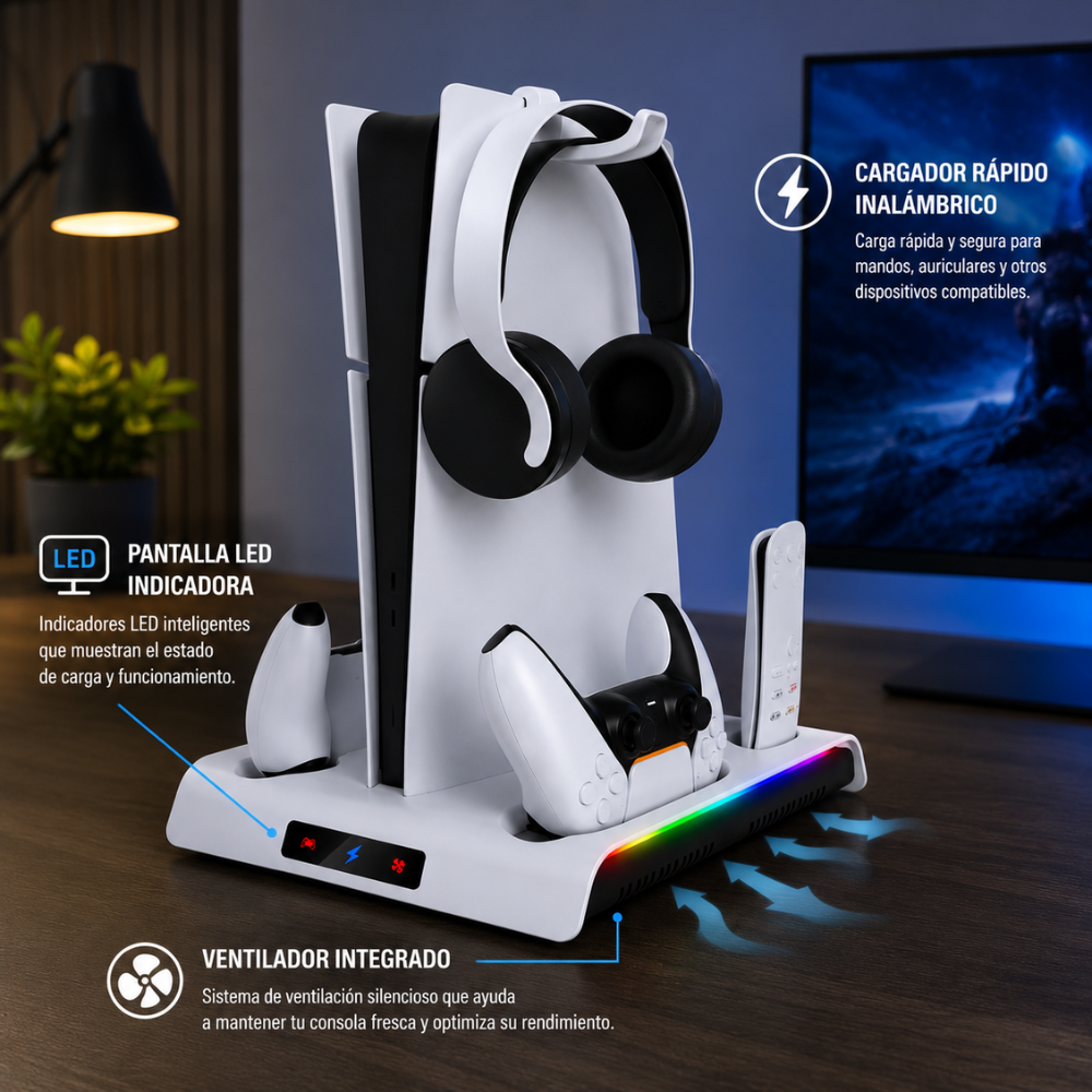 Base Refrigerante PS5 Slim Pro Cargador Controles RGB Soporte Gamer