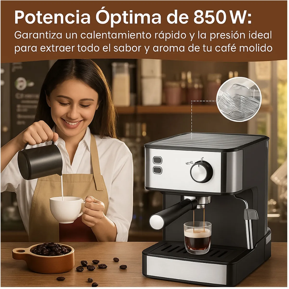 Cafetera Espresso 20 Bar Capuchino Latte Vaporizador Leche Tanque 1.5L