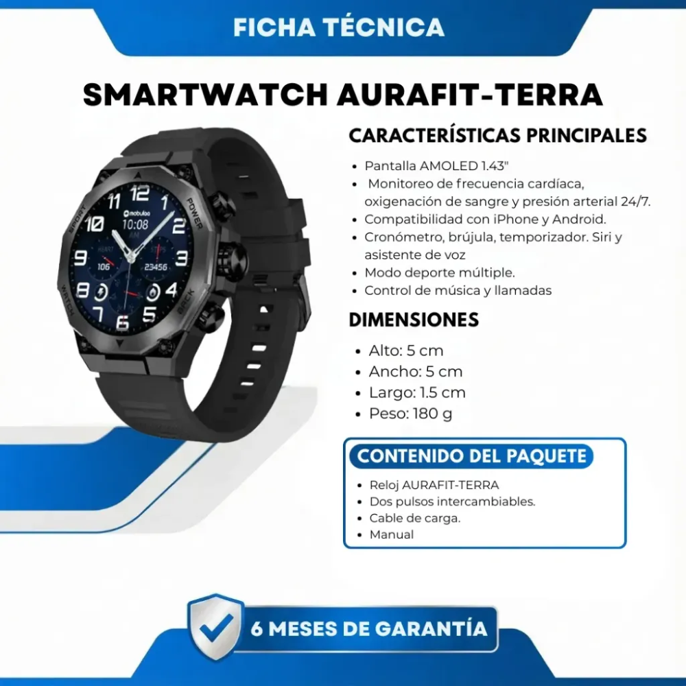 Smartwatch Hombre Deportivo AMOLED 1.43 Terra Bluetooth IP67 Correa