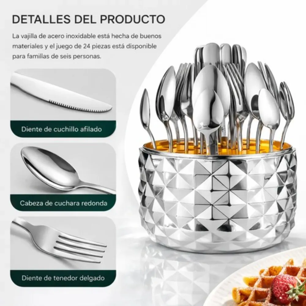 Juego Cubiertos 24 Piezas Acero Inoxidable Estuche Piña 6 Puestos