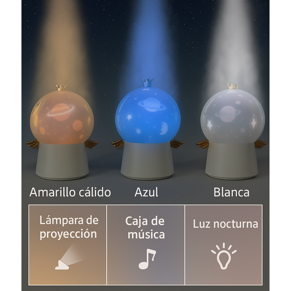 Lámpara Mesa Ángel LED Proyector Estrellas Parlante Bluetooth Noche