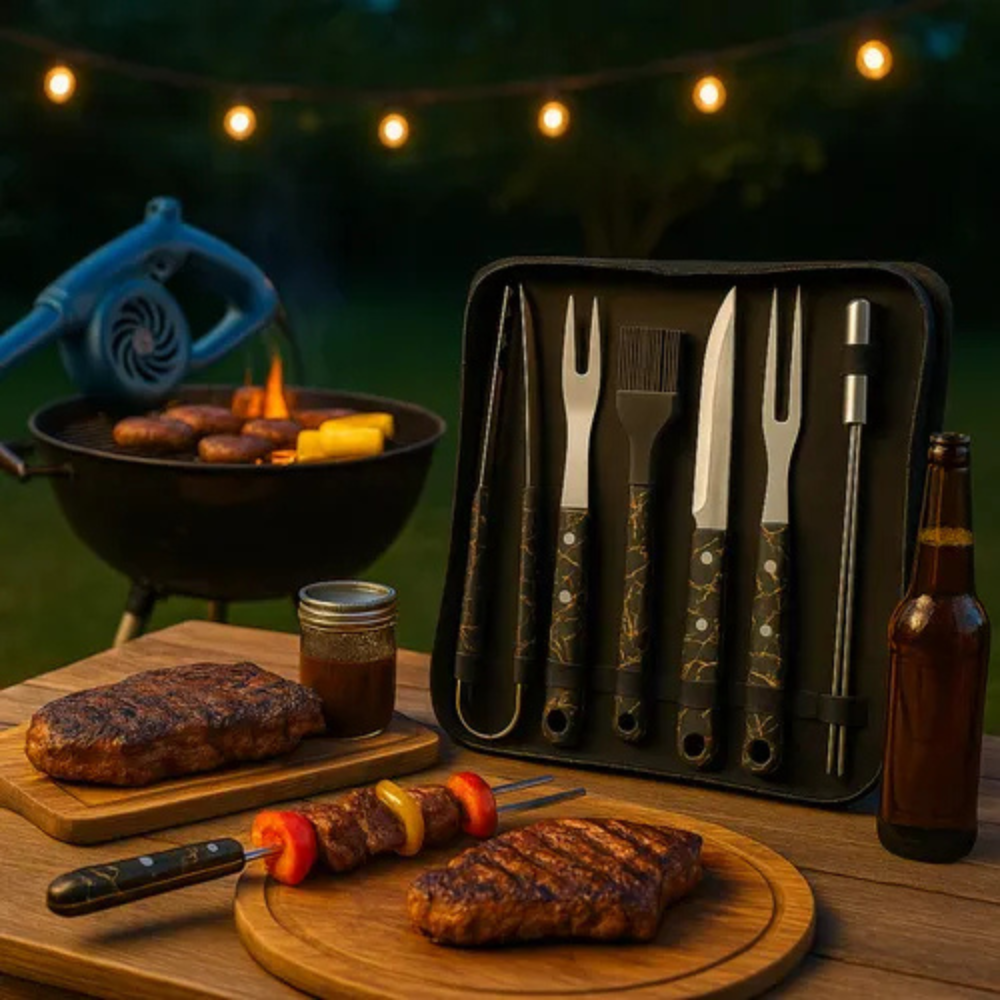 Kit Asados Parrilla BBQ 11 Piezas Acero Inoxidable Estuche Soplador