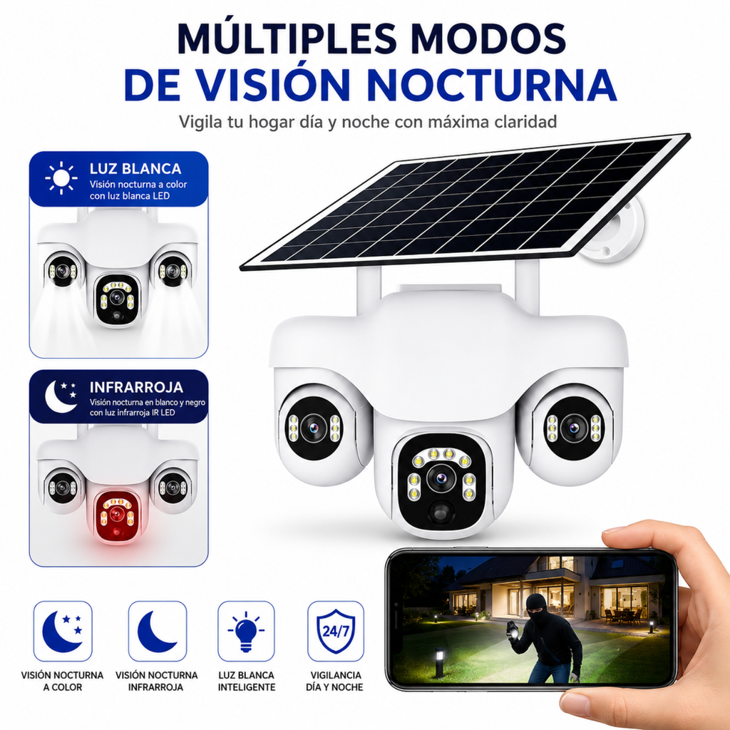 Cámara Solar WiFi 3 Lentes Robótica PTZ 4K Auto Seguimiento V380 IA