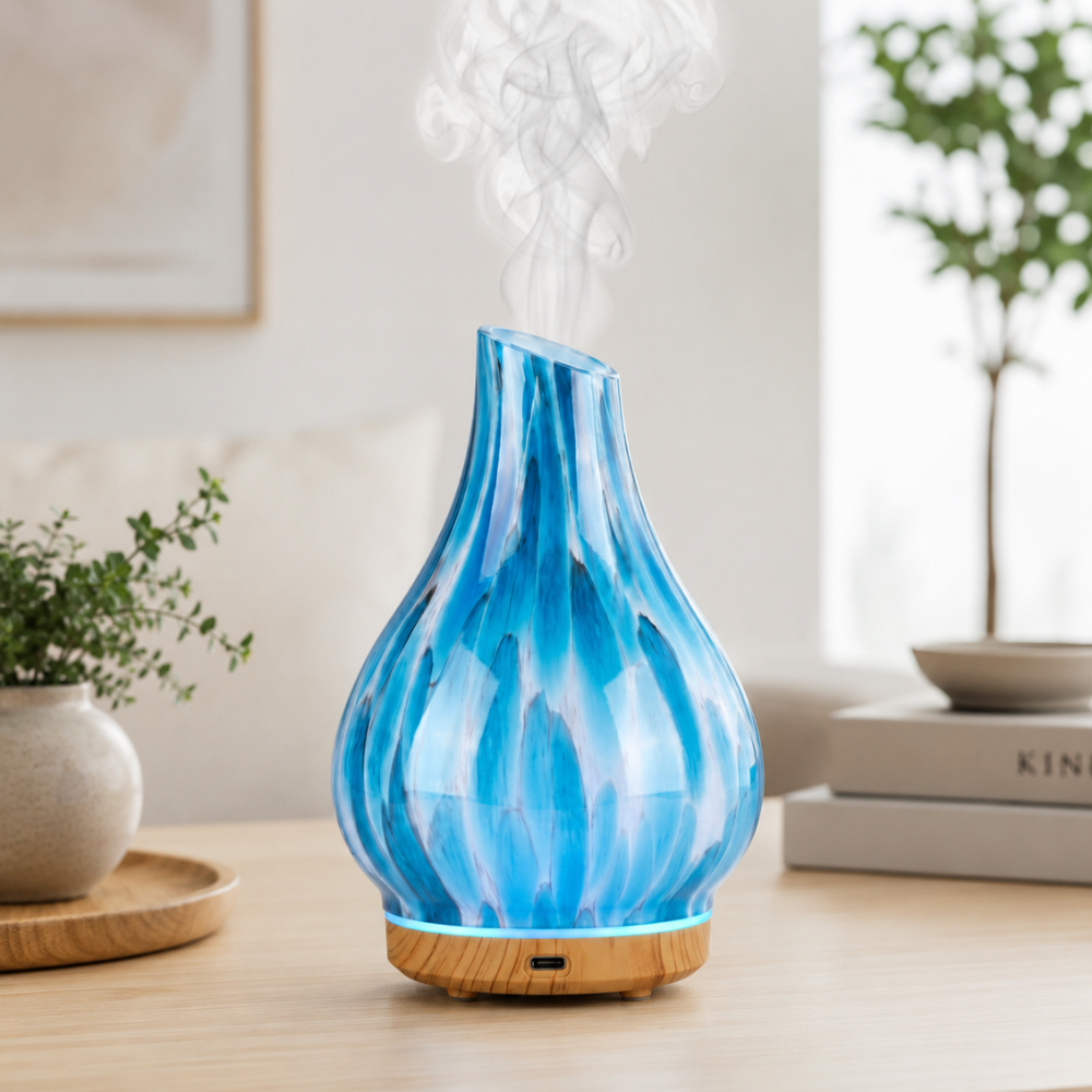 Humidificador Difusor Aromas Vidrio Jarrón Base Madera USB Tipo C