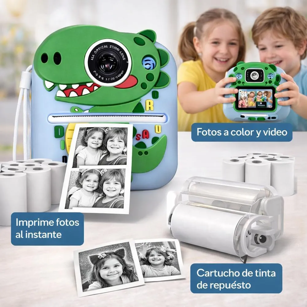 Cámara Instantánea Niños Impresora Térmica Dinosaurio Verde Video