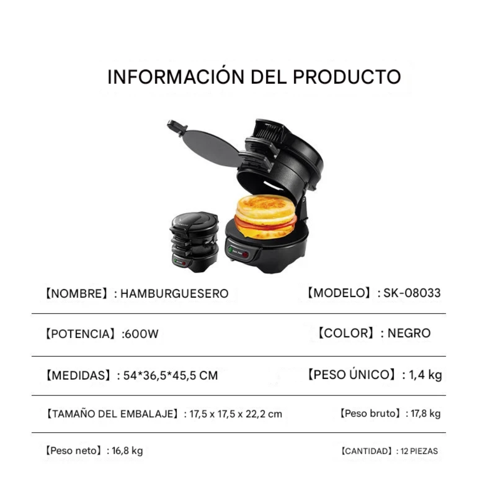 Sandwichera Eléctrica 600W Antiadherente Hamburguesas Paninis 110V