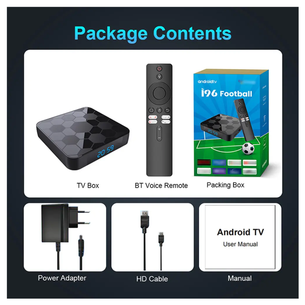 TV Box Android i96 Football Convertidor Smart TV WiFi HDMI Control Voz