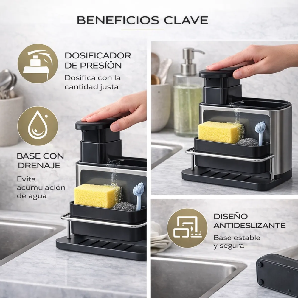 Dispensador Jabón Líquido Cocina Porta Esponja 2x1 Lavaplatos Negro