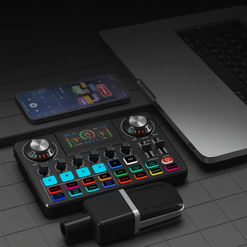 Tarjeta Sonido Profesional F668 Bluetooth Streaming Pantalla LED RGB