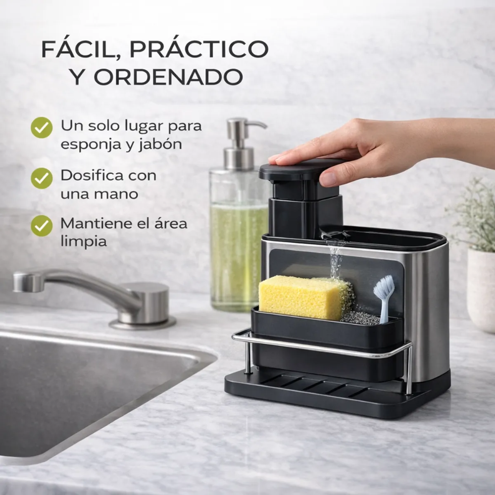 Dispensador Jabón Líquido Cocina Porta Esponja 2x1 Lavaplatos Negro