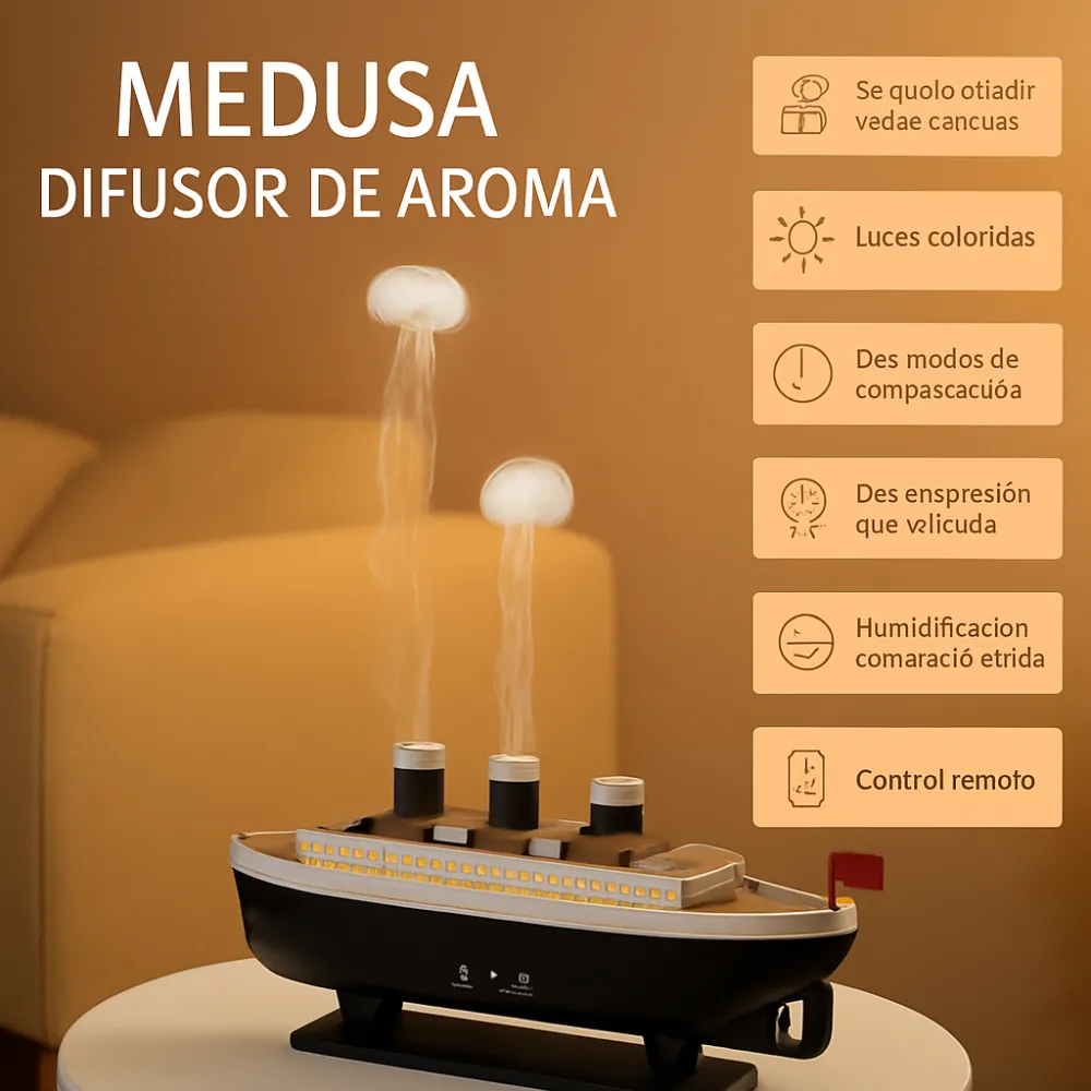 Humidificador Difusor Aromas Barco Titanic LED Niebla Decorativo