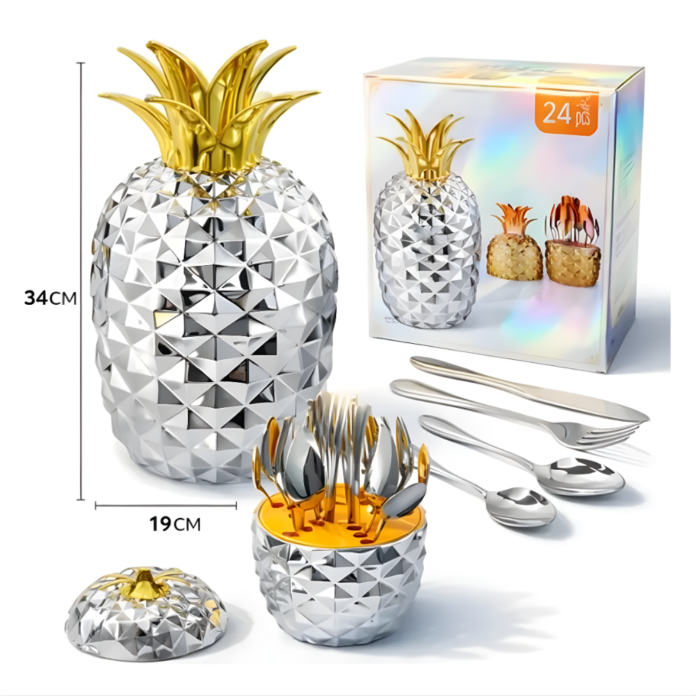 Juego Cubiertos 24 Piezas Acero Inoxidable Estuche Piña 6 Puestos