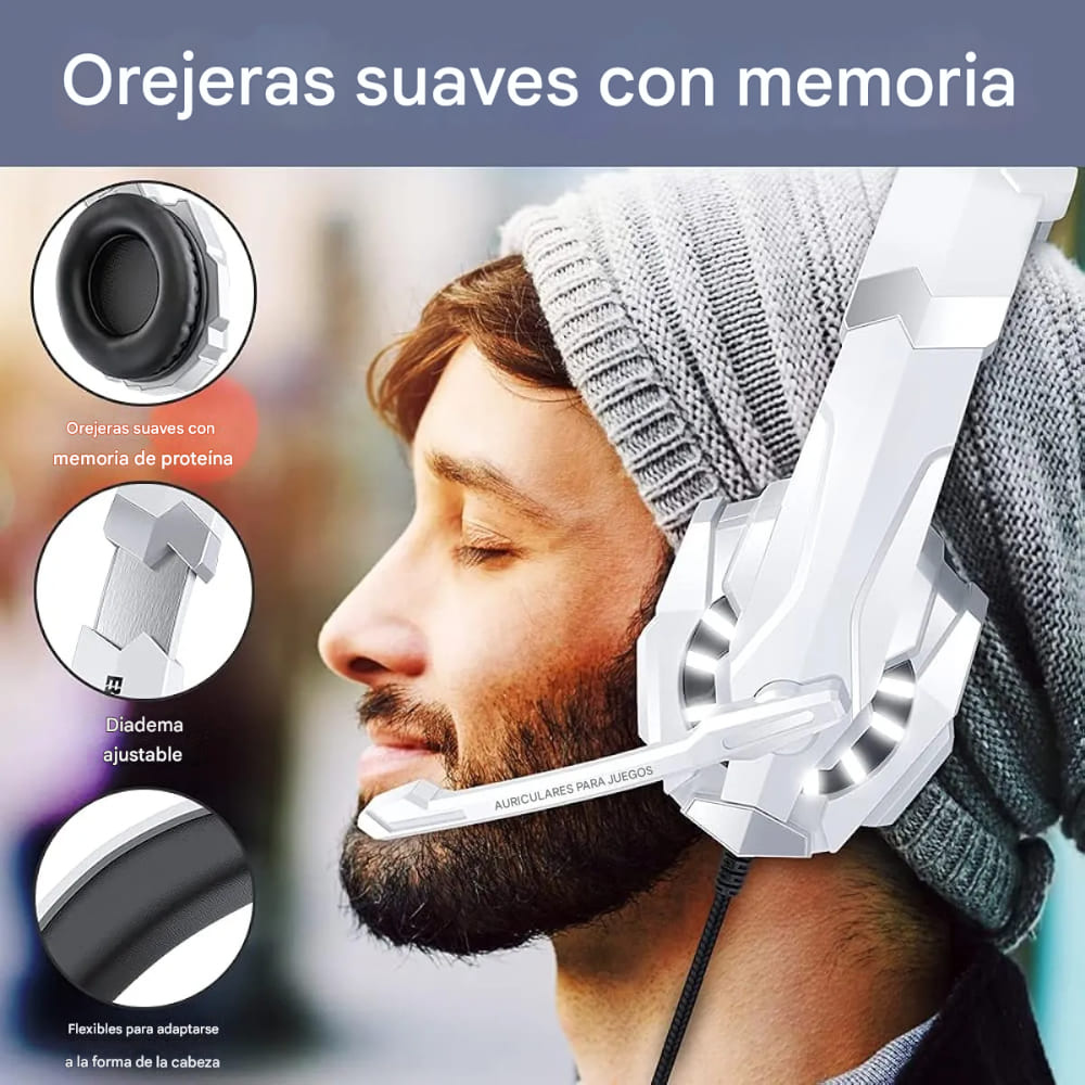 Audífonos Gamer G9000 Pro Micrófono LED Blanco PC PS5 PS4 Xbox Diadema