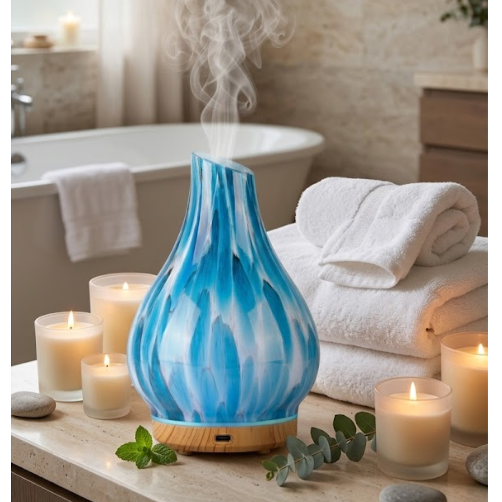 Humidificador Difusor Aromas Vidrio Jarrón Base Madera USB Tipo C