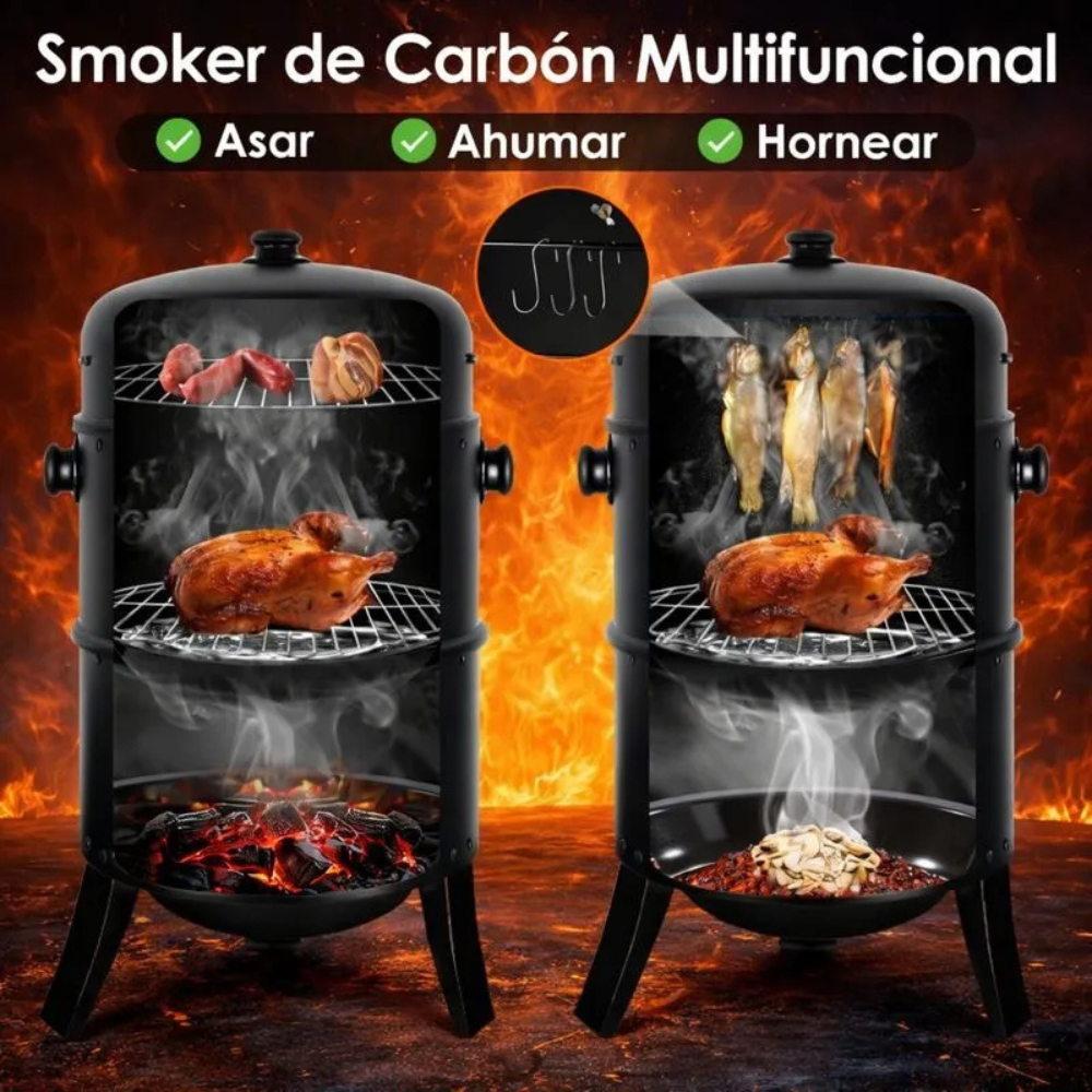 Asador Ahumador Barril Parrilla Horno 3x1 Carbón 80cm Termómetro