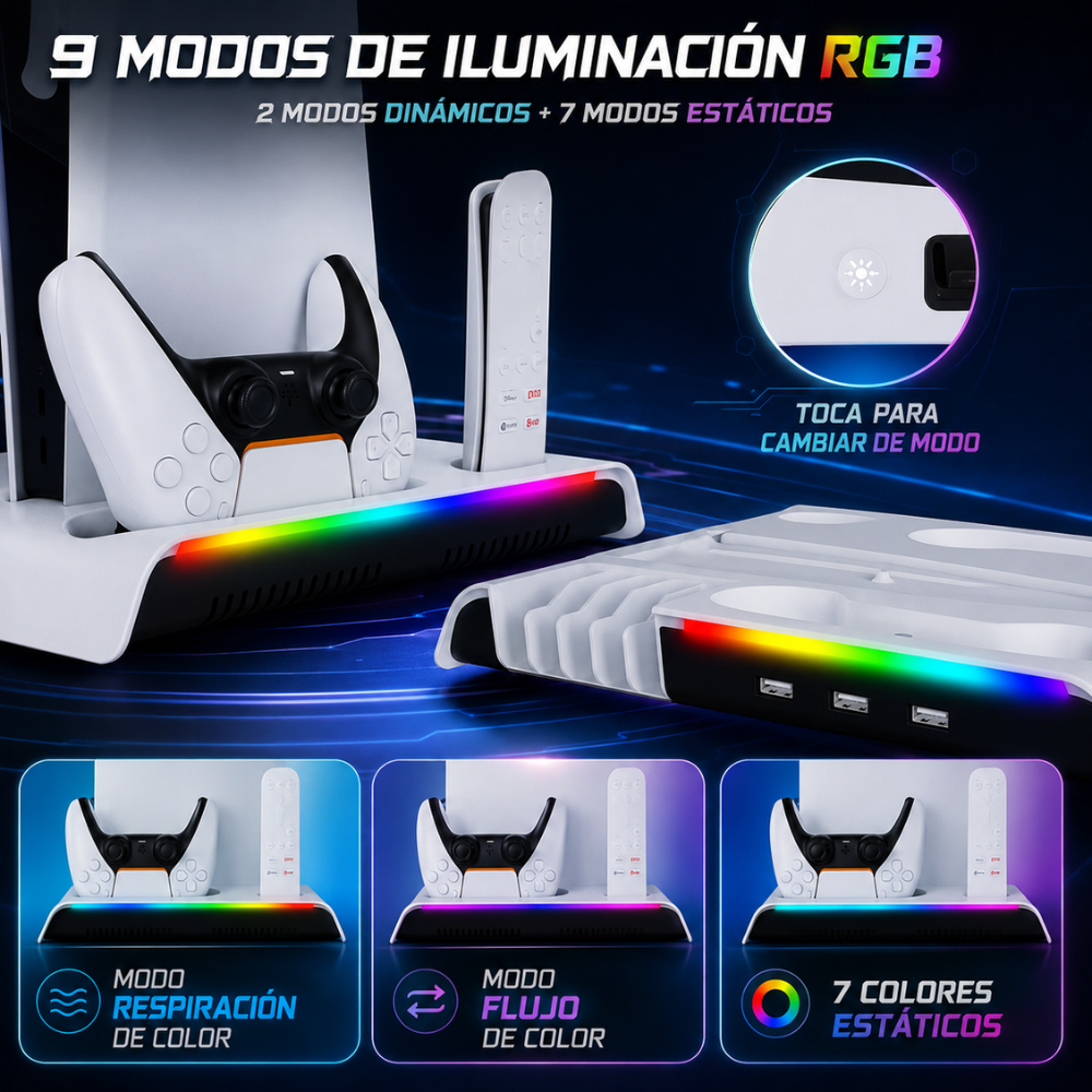 Base Refrigerante PS5 Slim Pro Cargador Controles RGB Soporte Gamer