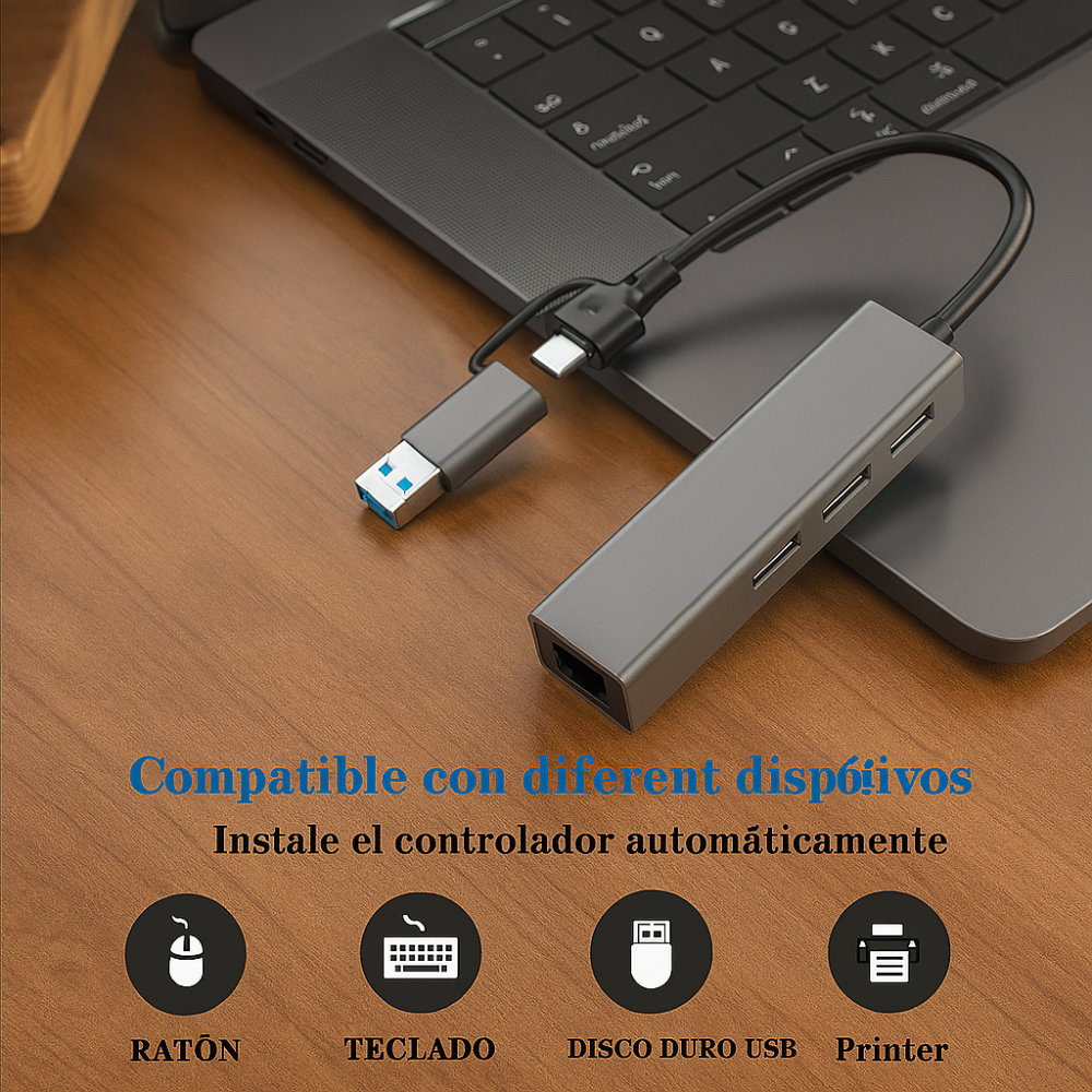 Adaptador Hub USB Tipo C 3 Puertos USB 3.0 Ethernet RJ45 Gigabit