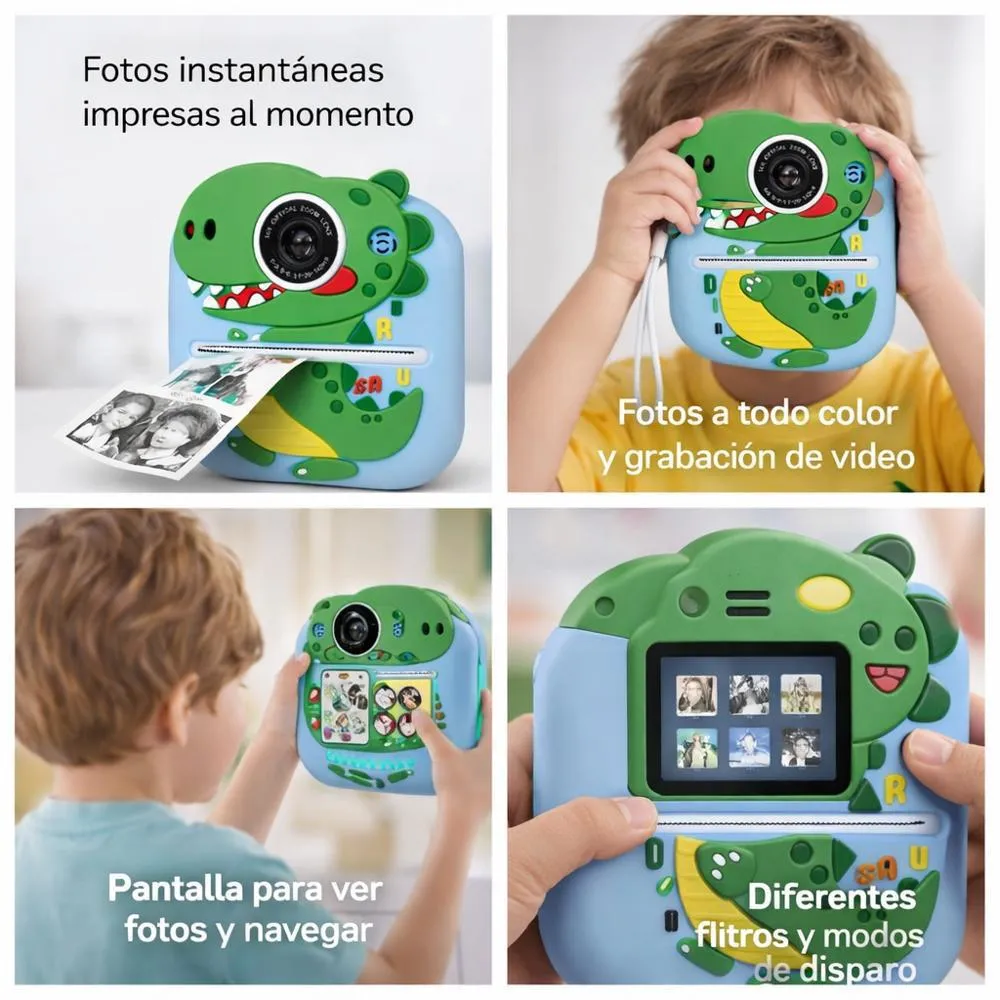 Cámara Instantánea Niños Impresora Térmica Dinosaurio Verde Video
